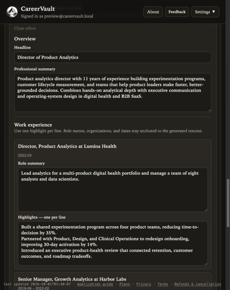 The tailored résumé editor displays an existing headline, professional summary, and work highlights for the preview profile.
