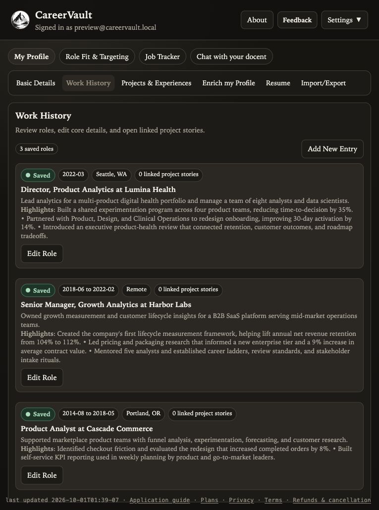 CareerVault Work History shows three saved roles for the synthesized Jordan Lee profile, with responsibilities and achievement highlights.