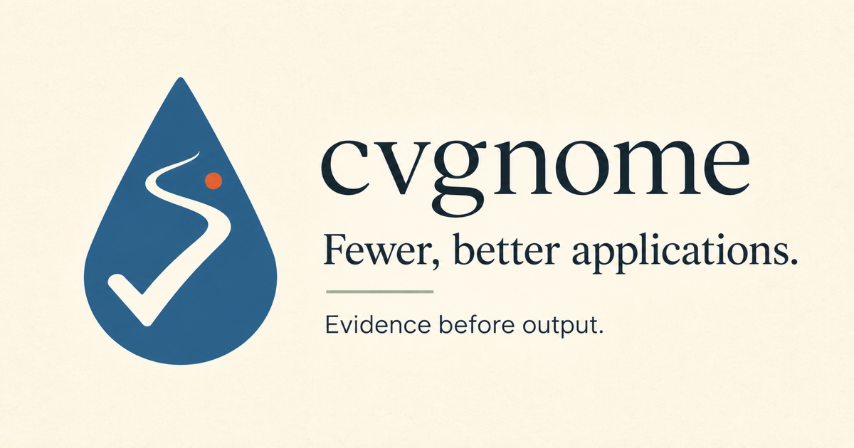 CVGnome trail marker and wordmark with the lines Fewer, better applications and Evidence before output.